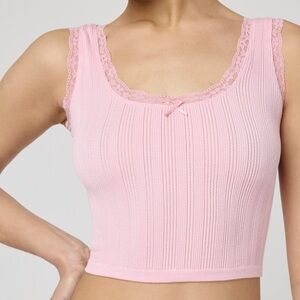 NWT Florence by Mills Pointelle Pink Ribbed Lace Trim Cropped Tank Top Soft Girl